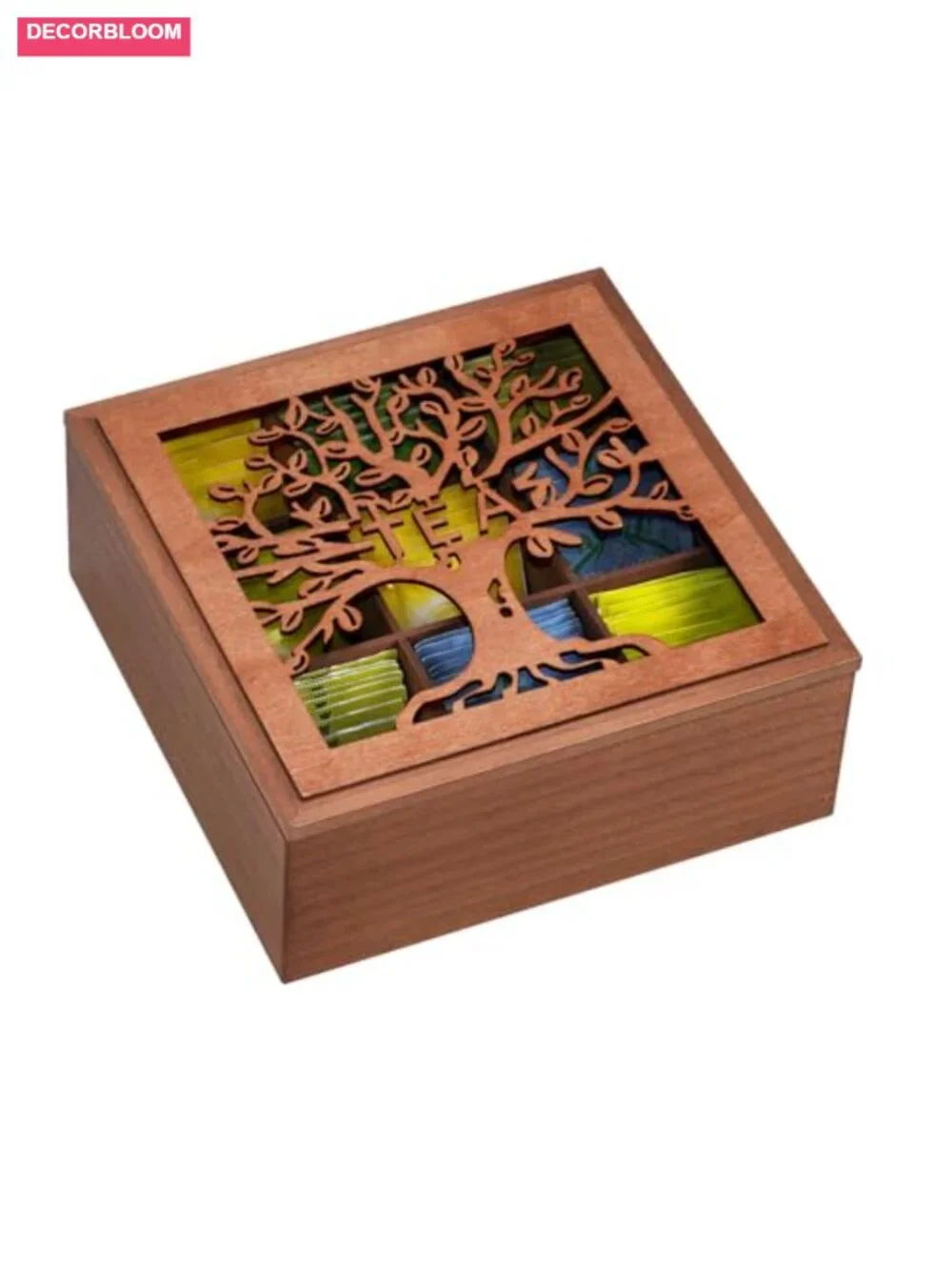Wood Tea Box Organizer with Tree Pattern 9 Compartments Clear Lid